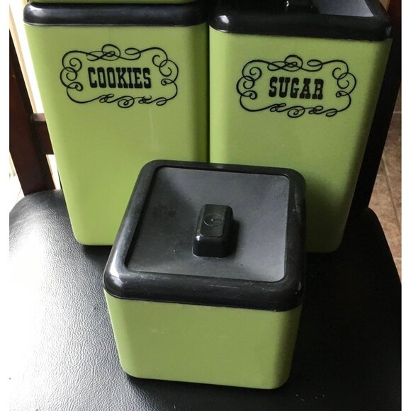 Beacan Canister Set Avocado Green  Lid 70s Counter Top Sugar Cookies  Coffee - Picture 2 of 4